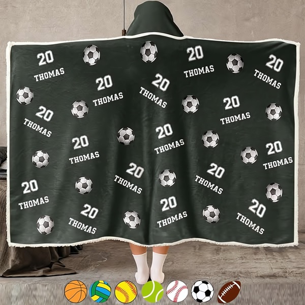 This creative showcases a personalized fleece blanket featuring a repeat pattern of soccer balls, the number 20, and the name Thomas on a dark background.