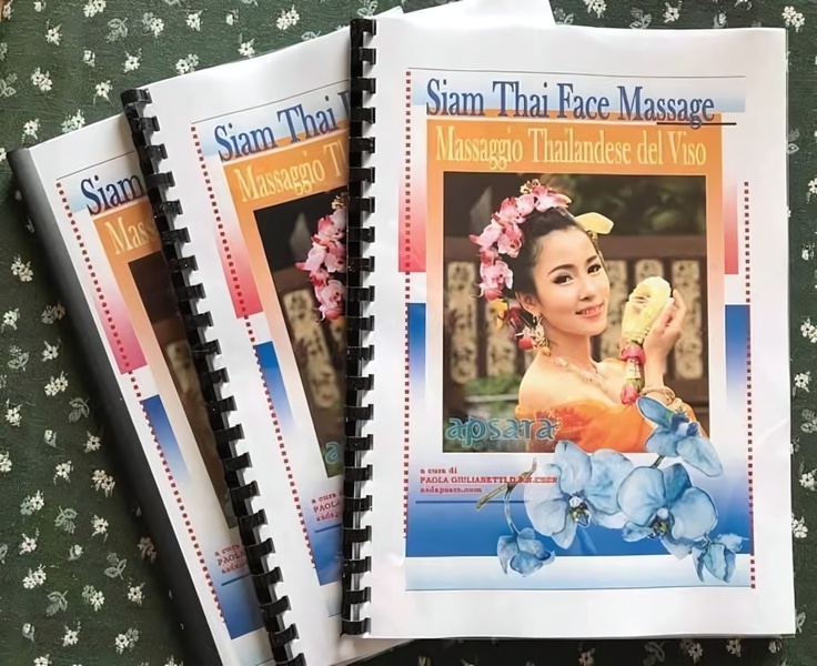 This creative showcases professional-bound physical training manuals for Thai face massage, featuring an elegant, culturally representative cover design.