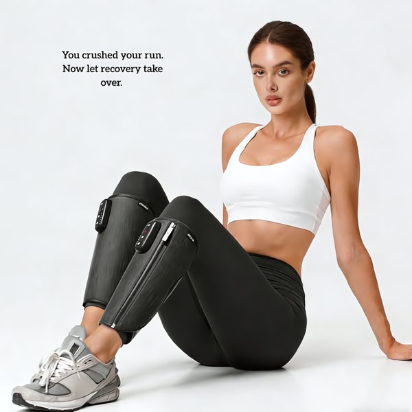 A clean, studio-lit photograph featuring an athlete wearing leg recovery sleeves, accompanied by simple, direct text emphasizing post-run recovery benefits.