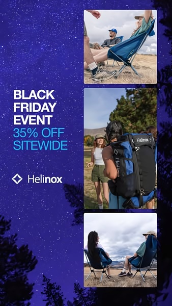 A vertical social ad featuring camping chairs and a backpack, communicating a 35% sitewide discount against a starry night background.
