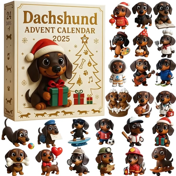 A festive product display featuring a 24-day countdown calendar alongside multiple unique dog figurine variants.