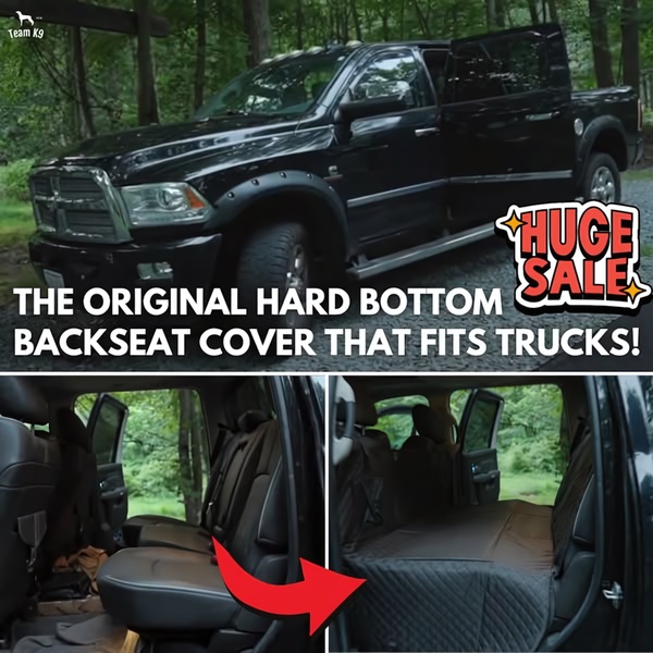 This creative uses a clear before-and-after split-screen to demonstrate how a hard bottom backseat cover installs easily into a truck, visually proving the utility of the product.