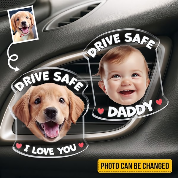 A square 1:1 image demonstrating custom acrylic car air fresheners featuring photos of a pet and a baby with Drive Safe messaging.