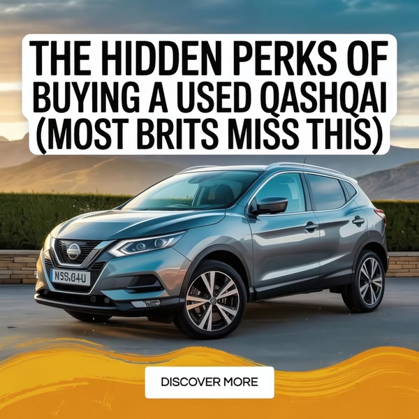 A square ad creative featuring a silver Nissan Qashqai with bold, text-heavy framing focusing on hidden consumer benefits.