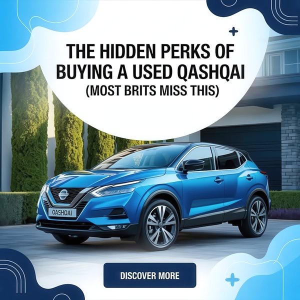 A square-format static ad featuring a modern Nissan Qashqai with a high-curiosity headline focused on overlooked benefits of buying used vehicles.