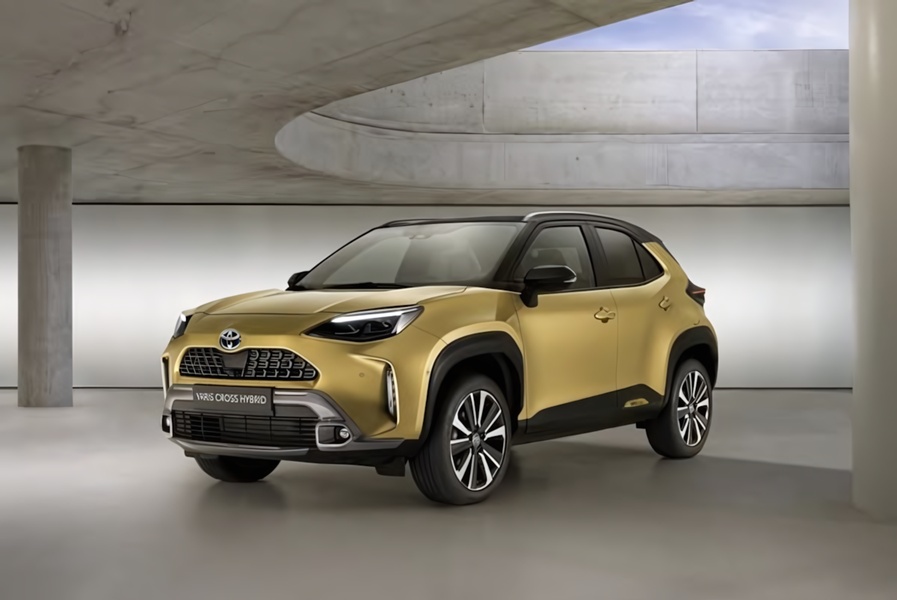 A high-end studio capture of a gold-toned hybrid SUV in a minimalist, architectural space, emphasizing its clean lines and modern design.