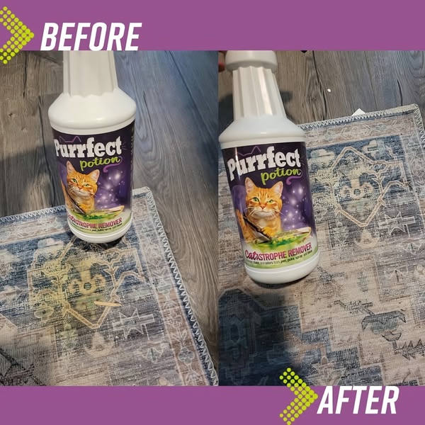 A square-formatted split-screen creative demonstrating the immediate cleaning results of a pet stain remover on a rug.