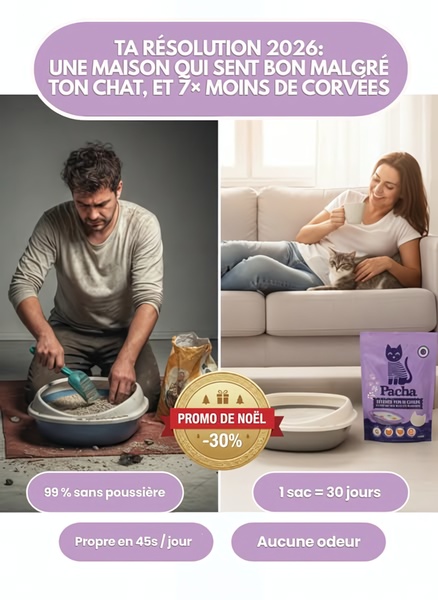 This split-screen ad creative uses a classic before and after visual layout to contrast the frustration of manual litter cleaning with the ease of using premium cat litter.