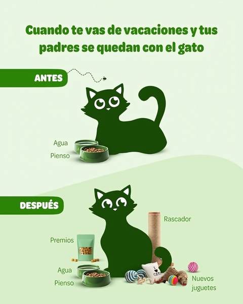 A visual comparison showing a cat's basic care routine versus an upgraded routine with extra rewards and toys, positioned as what happens when parents watch the pet.