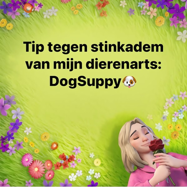 A square-format static ad for a dog breath supplement, utilizing a soft-focus floral background and a relatable illustrative style to build brand trust.