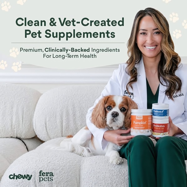 A high-trust pet supplement ad featuring a veterinarian holding the product alongside a dog, using clean typography and warm, professional imagery.