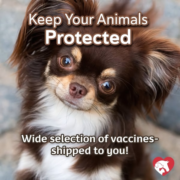 A square-format ad featuring a close-up, high-engagement pet photo paired with a clear, benefit-driven value proposition regarding vaccine delivery.