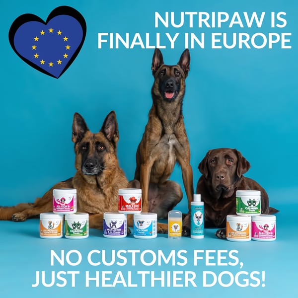 A square format promotional graphic featuring three dogs posing behind a collection of branded pet supplement jars with a clear geographic expansion headline.
