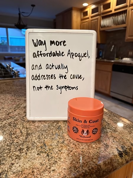 A static advertisement using a handwritten note on a whiteboard to directly compare a dog supplement to a well-known prescription medication.