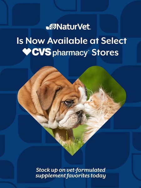 A vertical-format static ad announcing the availability of NaturVet pet supplements at select CVS pharmacy stores, featuring a dog and cat.
