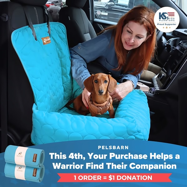 This ad creative features a dog car seat alongside a clear charitable partnership message, emphasizing that every purchase contributes to a meaningful donation.