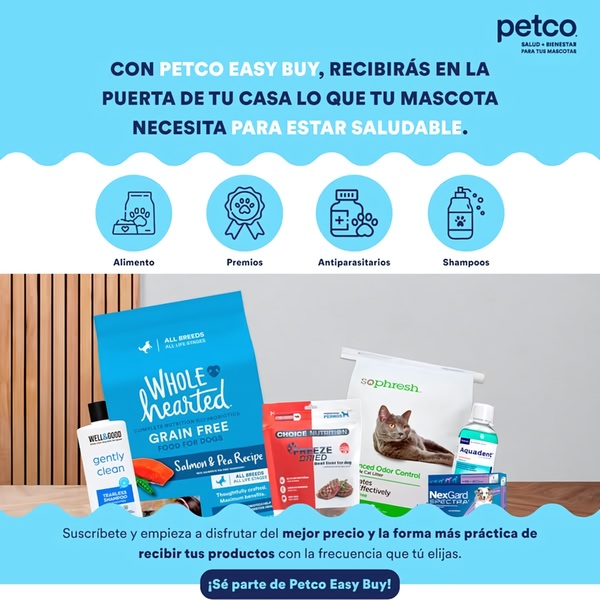 A square-format static ad highlighting the convenience and variety of a pet supplies subscription service through clear iconography and product imagery.
