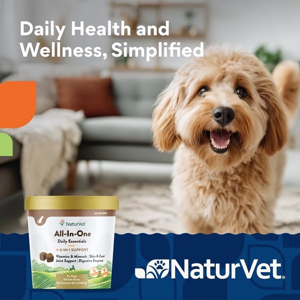A clean, lifestyle-oriented ad featuring a happy dog alongside a product container, highlighting the simplification of pet wellness.