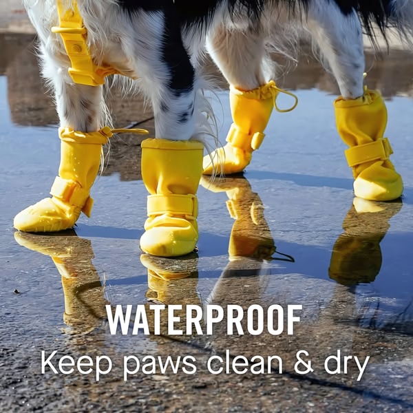 A close-up shot of a dog wearing yellow waterproof boots standing in a puddle, highlighting the product's protective benefits.