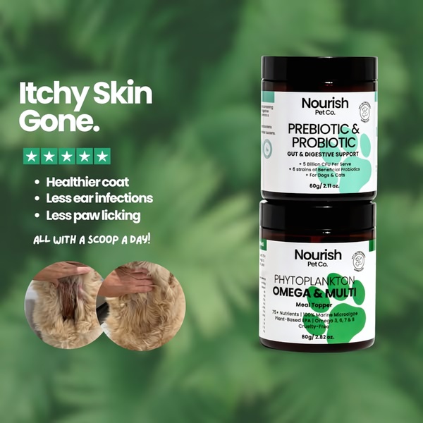 A split-screen before-and-after comparison of a pet's skin condition paired with product labels for prebiotic, probiotic, and omega supplements.