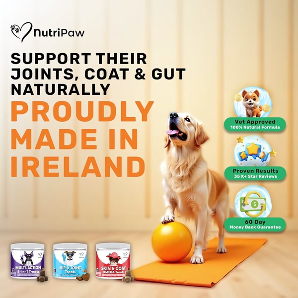 A clean, instructional-style ad for dog wellness treats that uses social proof badges and a clear benefit-driven headline to build consumer trust.