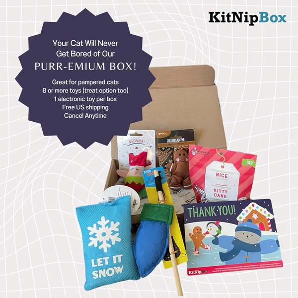 A 1:1 format ad showcasing a variety of cat toys and treats included in a monthly subscription box, emphasizing value and convenience.