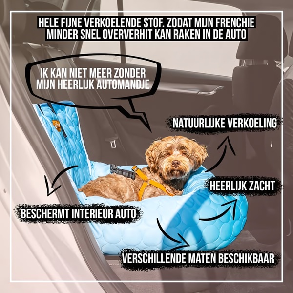 A square-format static ad highlighting cooling fabric benefits for dogs in cars, utilizing clear, directional callouts to explain key product features.