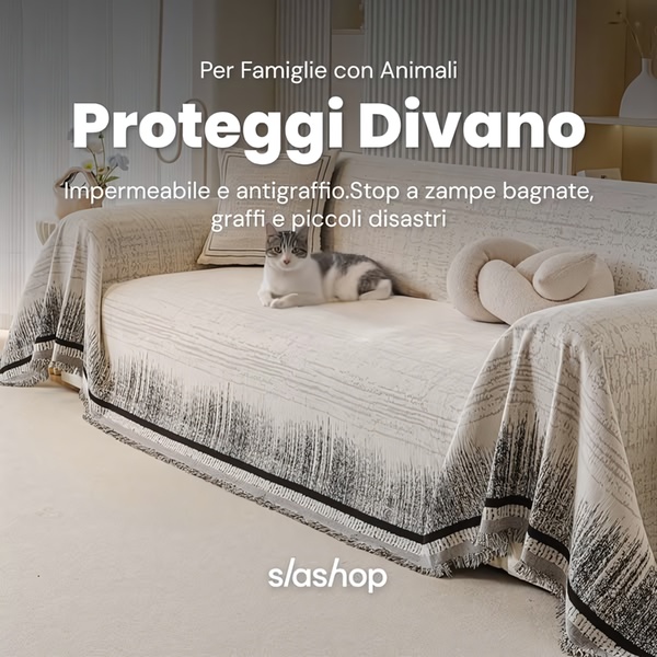 A square ad format showcasing a premium beige textured sofa cover with a cat resting peacefully, highlighting its protective features for pet owners.