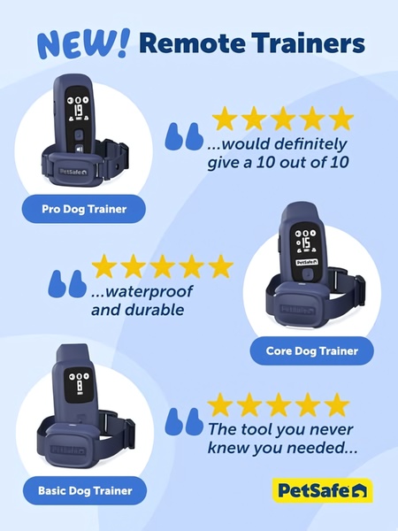 A 3_4 ratio graphic showcasing three different remote dog trainer models paired with star ratings and authentic customer testimonials.