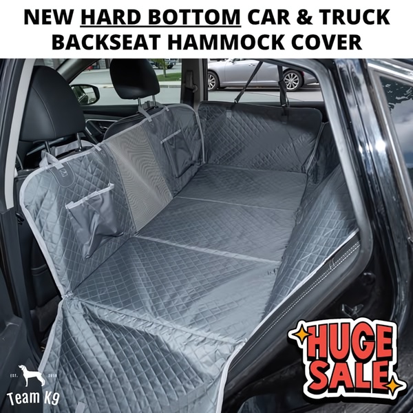 A square-formatted product ad showing a gray quilted backseat hammock cover installed in a vehicle, featuring a prominent 'Huge Sale' badge.