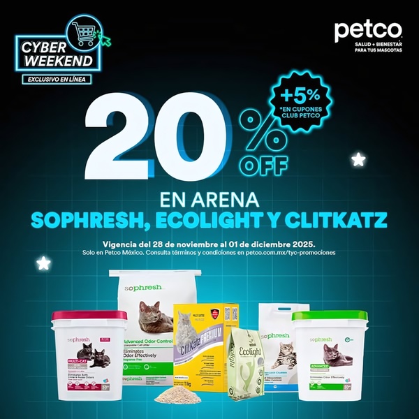 A high-contrast 1:1 square graphic promoting a 20% discount on various cat litter brands during a Cyber Weekend campaign.