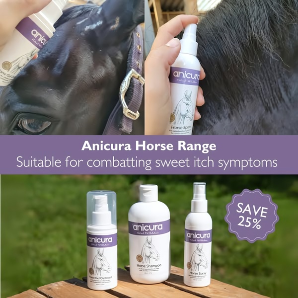 A 1:1 format ad showcasing a horse grooming product range with split-screen application visuals and a direct percentage-off discount.