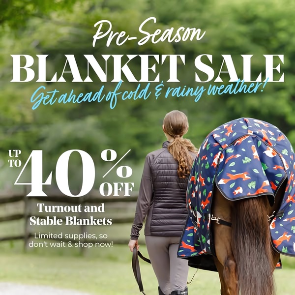 This 1:1 square ad creative utilizes a seasonal hook and a high-contrast discount offer to promote horse blankets to equestrian enthusiasts.