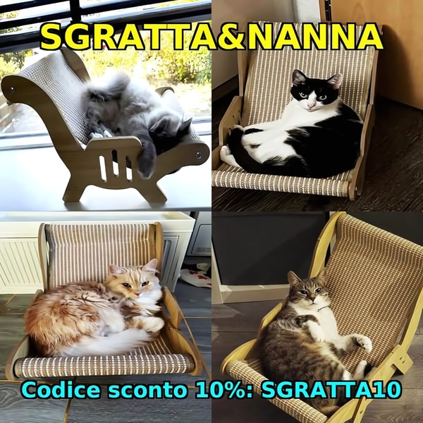 A four-panel grid layout displaying different cats comfortably using the cat hammock, featuring a clear brand name and a discount code overlay.