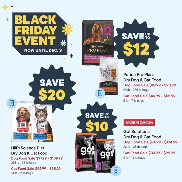 A clean, grid-style layout showcasing multiple premium pet food brands with specific dollar-off savings incentives for a seasonal sale event.