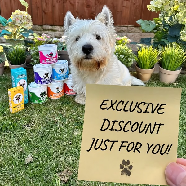 A Westie dog sits behind a neatly arranged stack of pet supplement jars, while a hand holds a paper sign offering an exclusive discount.