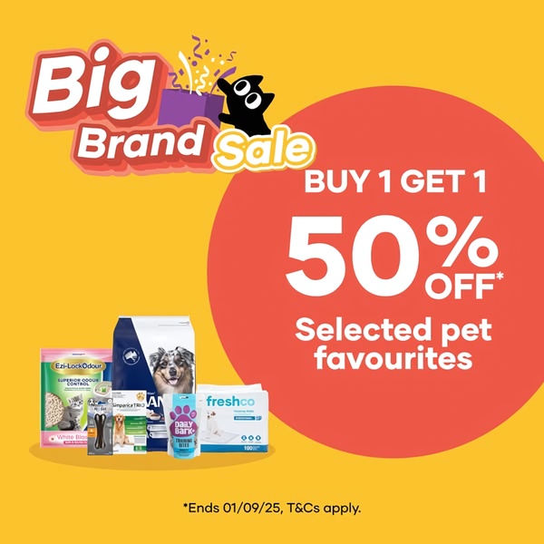 A square-ratio promotional ad creative for various pet supplies featuring a 'Buy 1 Get 1 50% Off' sale event.