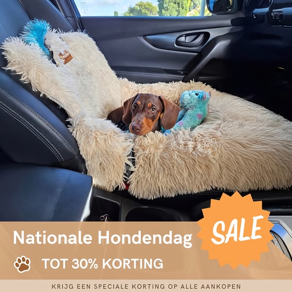 A cozy, high-quality dog car seat featured in a car interior, promoting a national dog day sale event with clear discount messaging.