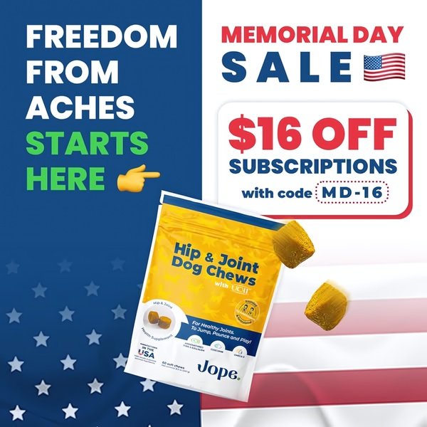A square 1:1 ad creative promoting a $16 discount on dog joint supplement subscriptions for the Memorial Day holiday.
