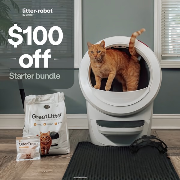 A clean, studio-lit shot showing a self-cleaning litter box with accessories and a cat, featuring a prominent dollar-off incentive.