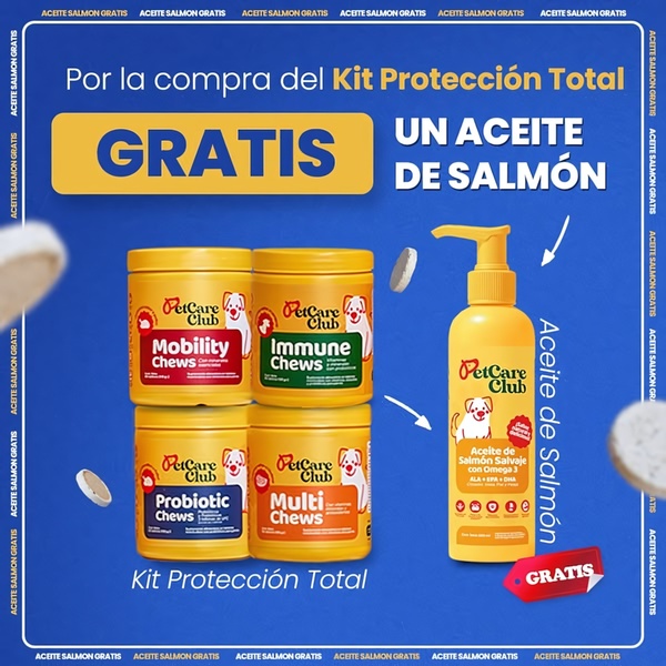 A square-format static ad highlighting a bundled pet supplement set with a free salmon oil bonus using high-contrast text and product imagery.