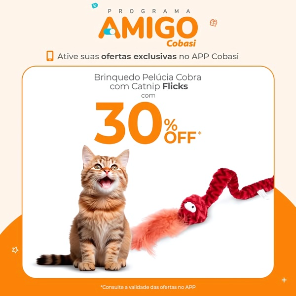 A square-format promotional graphic featuring a cat sitting next to a plush snake toy, highlighting a 30% discount on the product.