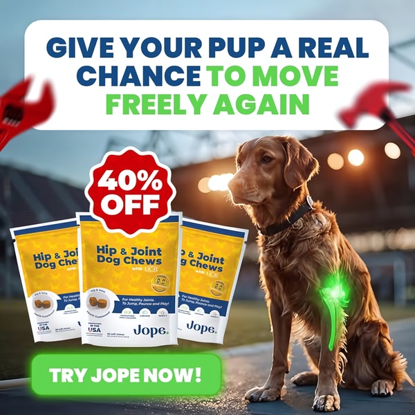 This ad creative features a clear, benefit-driven headline overlaying a dog with visual indicators of physical improvement, paired with a distinct 40% off incentive.