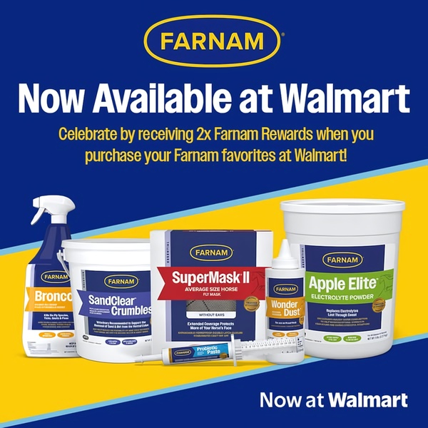 A clean, brand-focused creative announcing product availability at a major retailer, incentivized by a double-rewards offer.