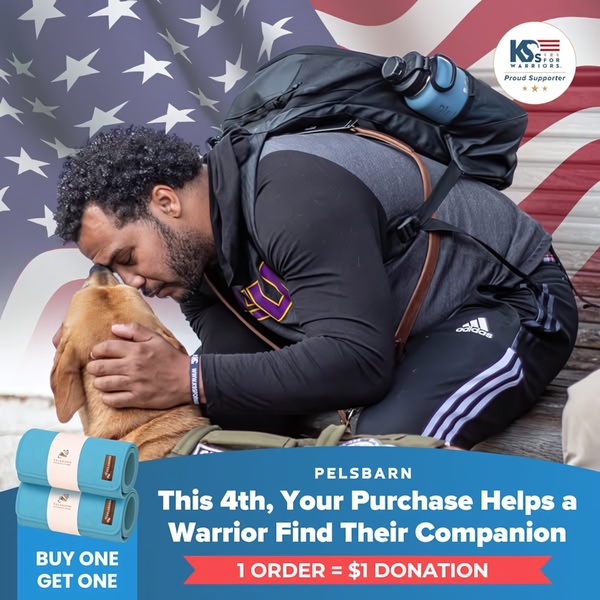 This 1:1 square ad creative features a high-emotion photo of a pet owner embracing their dog, overlaid with a charitable BOGO donation offer for the 4th of July.