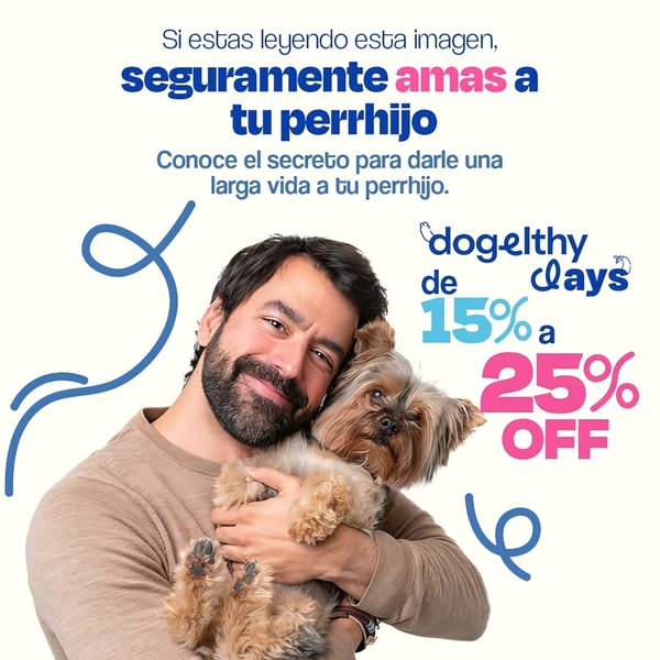 A square-format promotional graphic featuring a person embracing their dog, highlighting a pet care brand's discount offer.