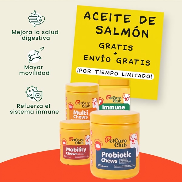A square-format static ad highlighting a free salmon oil promotion paired with pet supplement jars, featuring benefit icons to emphasize product value.