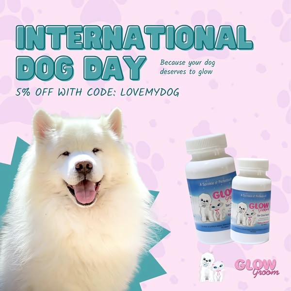 A square-format promotional ad for dog grooming supplements that leverages a holiday hook to drive urgency and product awareness.