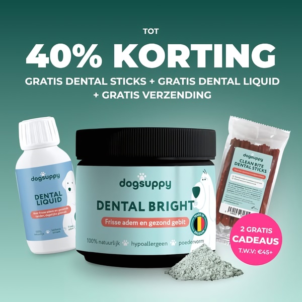 A square ad creative featuring a dental supplement powder, a bottle of liquid, and dental sticks, highlighting a 40% discount and freebies.