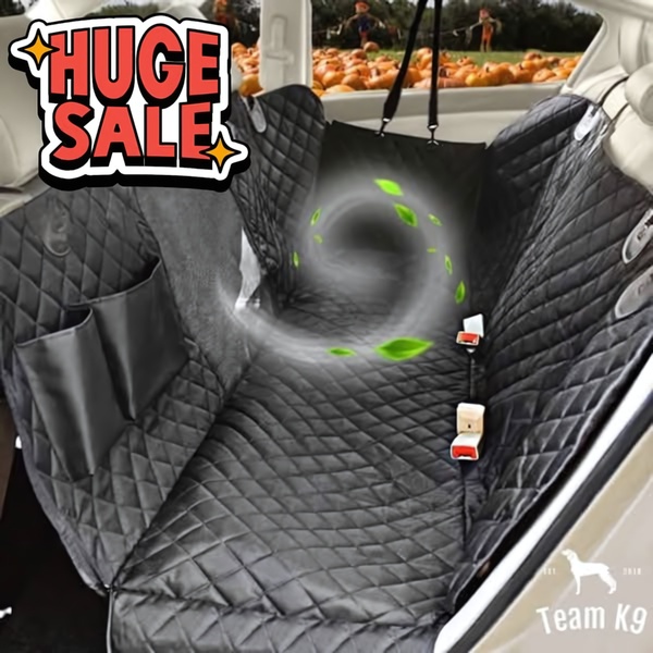A square ad creative featuring a car pet seat cover with a 'Huge Sale' sticker overlay and a motion effect graphic.